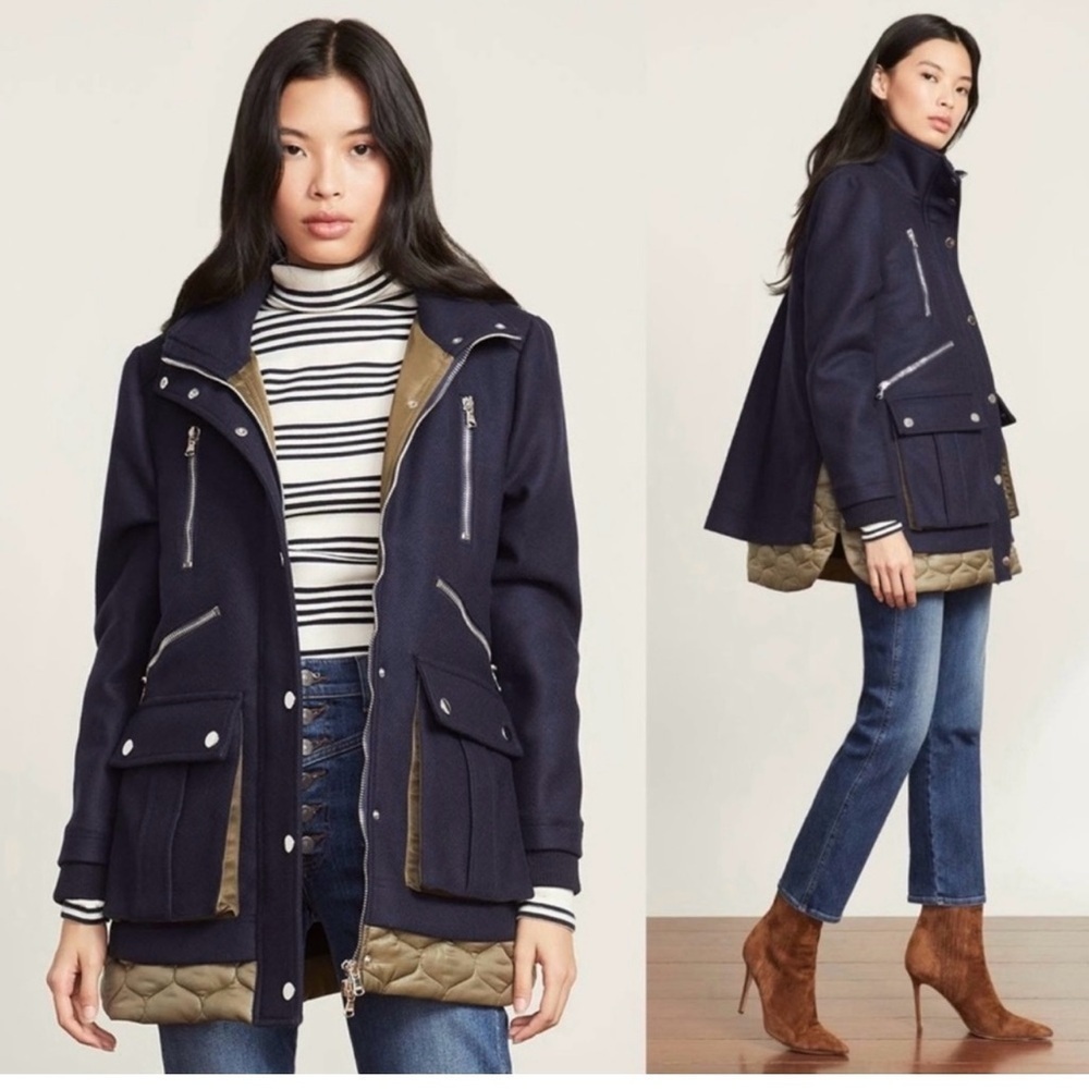 RARE Veronica Beard Halbert Zip Up Wool Blend Quilted Jacket Navy Coat Size S
